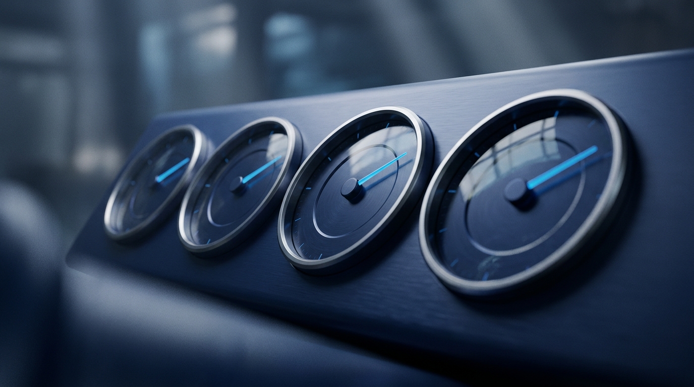 Precision instrument panel with four concentric dials representing the ROI framework