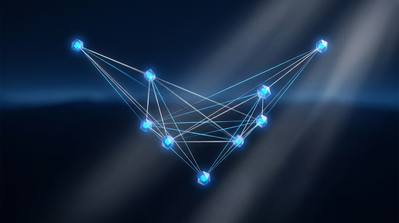 Six crystalline nodes in V-formation connected by light filaments