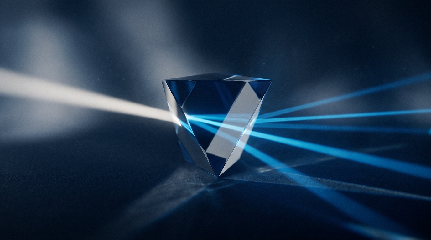 A navy prism splitting a white beam into divergent azure forecast rays