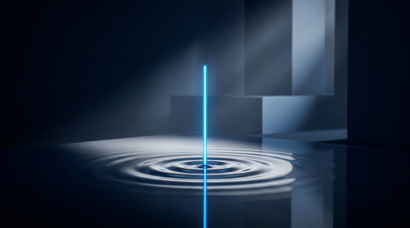 A luminous beacon rising from a dark surface with ripples, evoking a declared signal